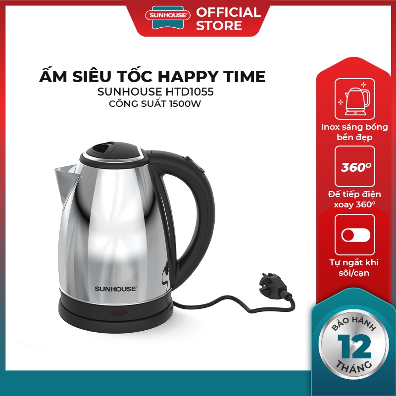 Ấm Siêu Tốc Happy Time 1,8l, Bình Đun Siêu Tốc Inox Cách Nhiệt HTD1081