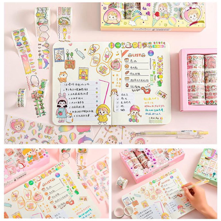 10 Rolls of Tape + 10 Stickers Love Cartoon Sticker Tape DIY Decorative Sticker Tape Set Series