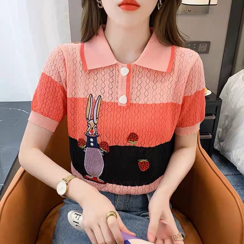 Áo len polo nữ, len đan sợi thoe thêu phối màu hồng cam cực xinh nhé