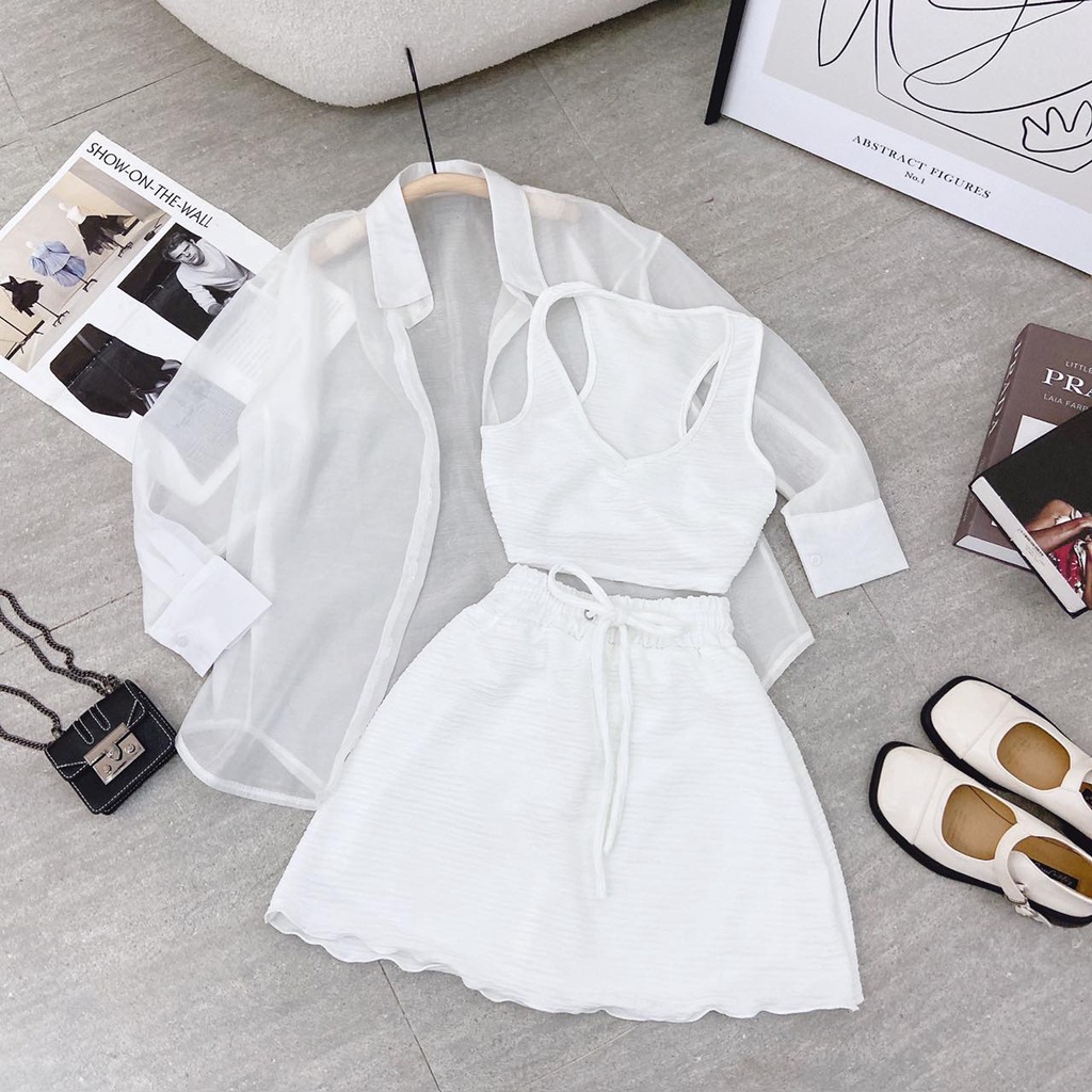SET KHOÁC SƠ MI VOAN TRẮNG + ÁO CROP 3 LỖ + CHÂN VÁY