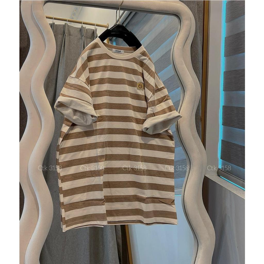Áo Phông 3158 Chất Cotton Khô Dáng Rộng Kẻ Sọc Thêu Mặt CUowifg Nam Nữ Bigsize