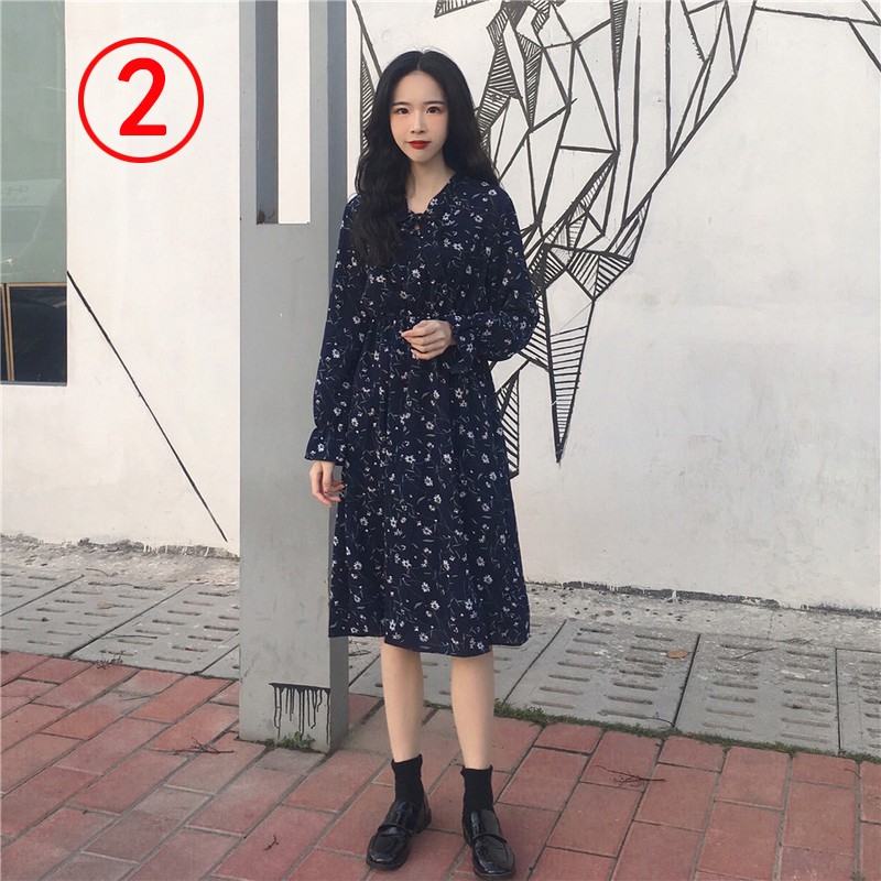 Xiaozhainv Đầm ôm eo tay dài họa tiết hoa nhỏ xinh xắn thời trang nữ phong cách vintage