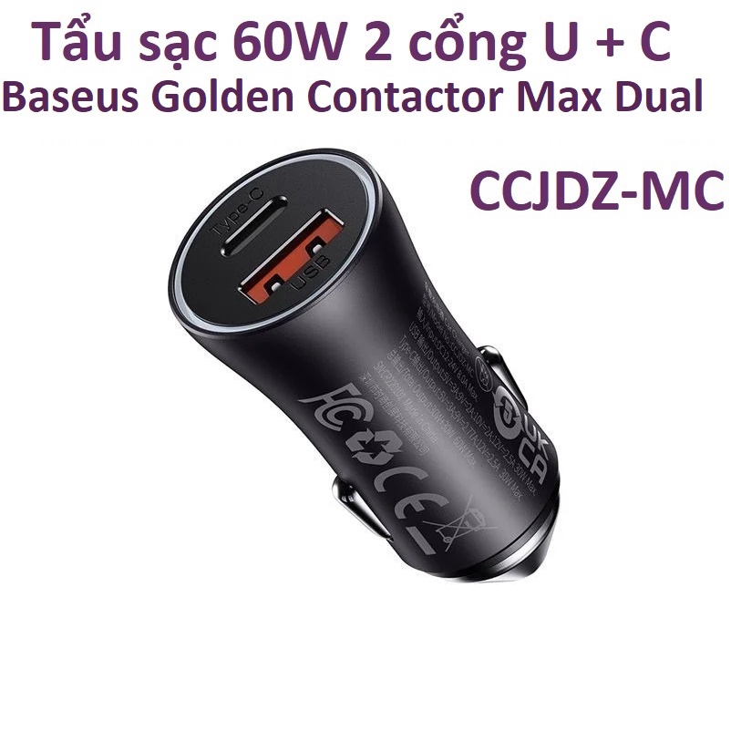 Tẩu sạc ô tô 60W 2 cổng C + U Baseus Golden Contactor Max Dual CCJDZ-MC