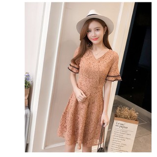 Váy ren cổ V 2 màu đen - nâu