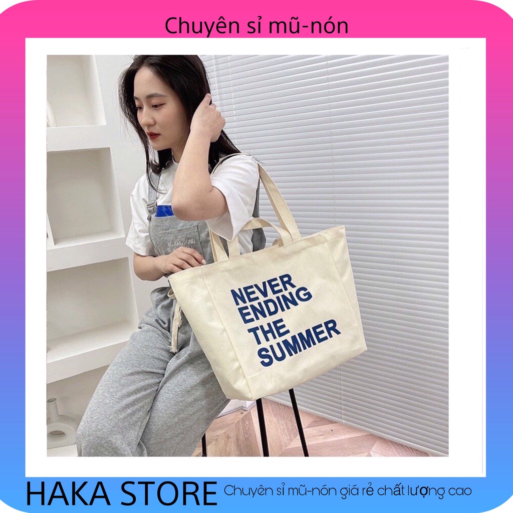 Túi tote túi vải canvas Never Ending phong cách Hàn quốc có khóa miệng ngăn phụ bên trong thời trang ulzzang-Haka store