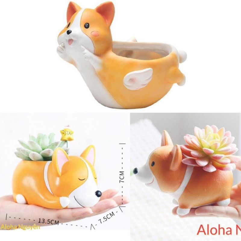 Chậu cây để bàn hình chú chó Corgi