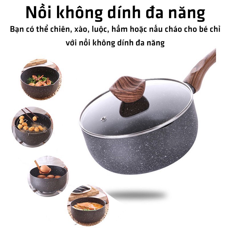 Nồi Chống Dính Đa Năng Nồi Nấu Cháo Cho Bé Vân Đá Đáy Từ Đáy 3 Lớp, Nắp Kính Cường Lực AD38