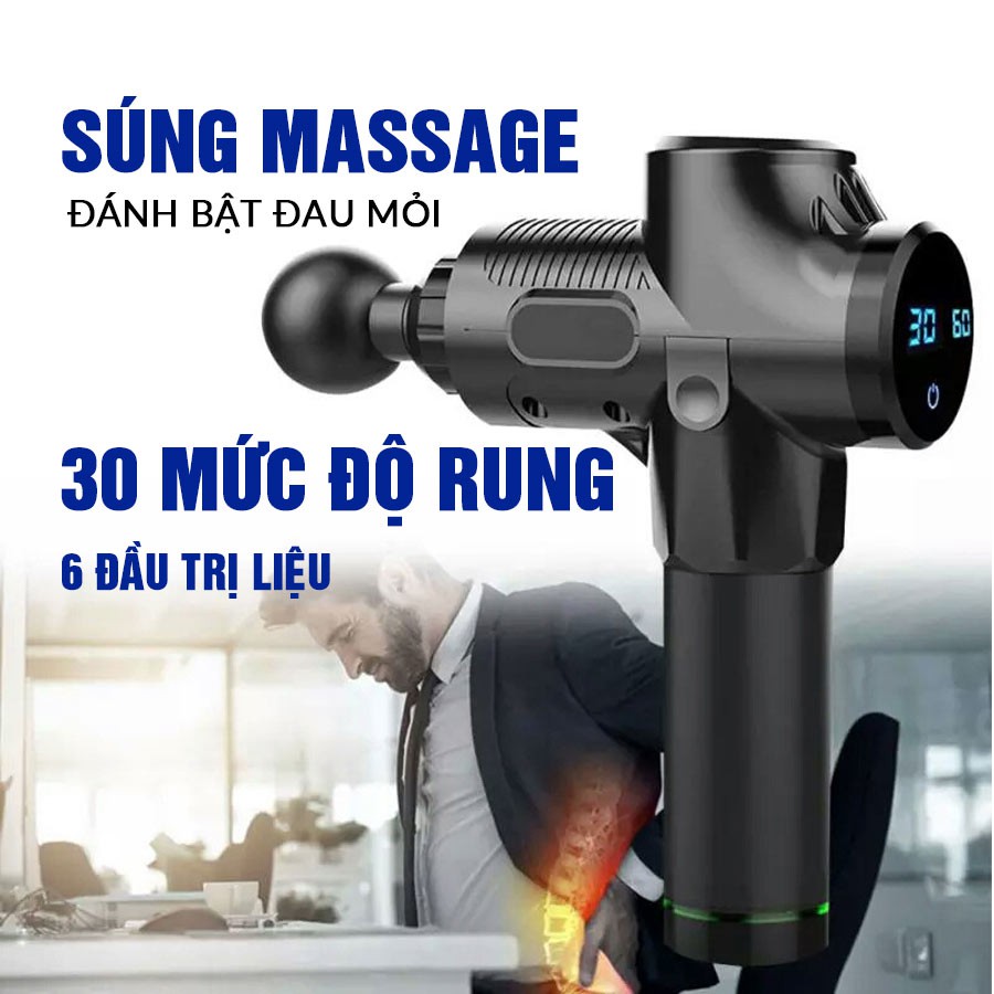SÚNG, MÁY MASSAGE CẦM TAY CAO CẤP CÁT Á EM009 - 30 Mức độ rung, 6 đầu trị liệu- Trị đau nhức, giảm căng cơ