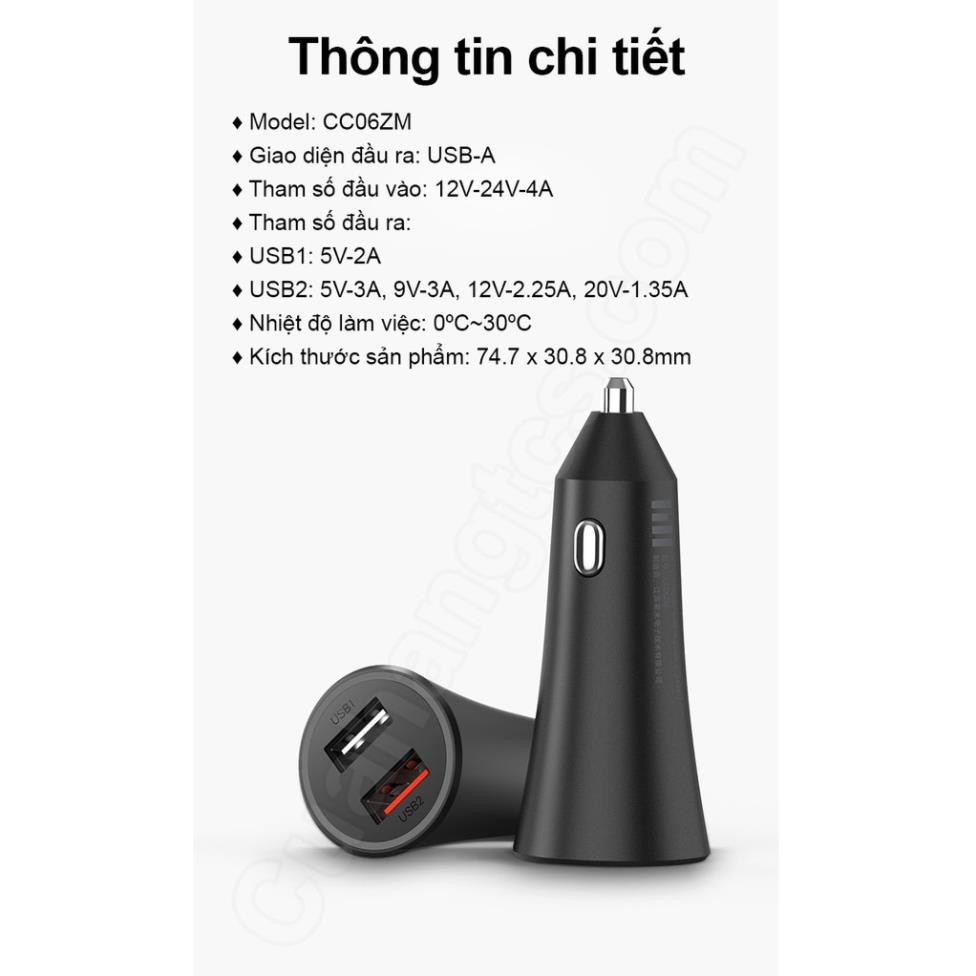 Sạc ô tô nhanh 2 cổng usb 37w Xiaomi | BH 15 ngày