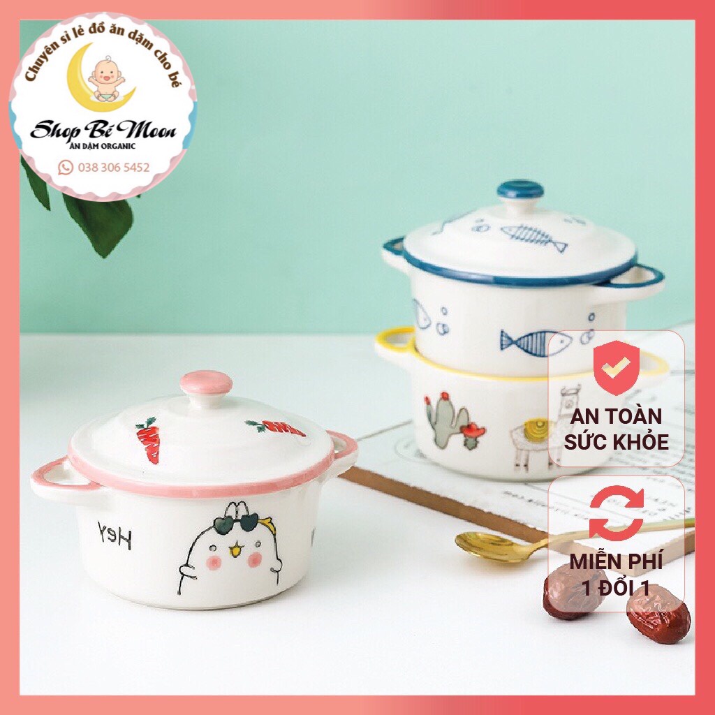 Bát nồi có Nắp ăn dặm cho bé, bát sứ ăn dặm kiểu Nhật , họa tiết xinh xắn có tay cầm loại to 200ml