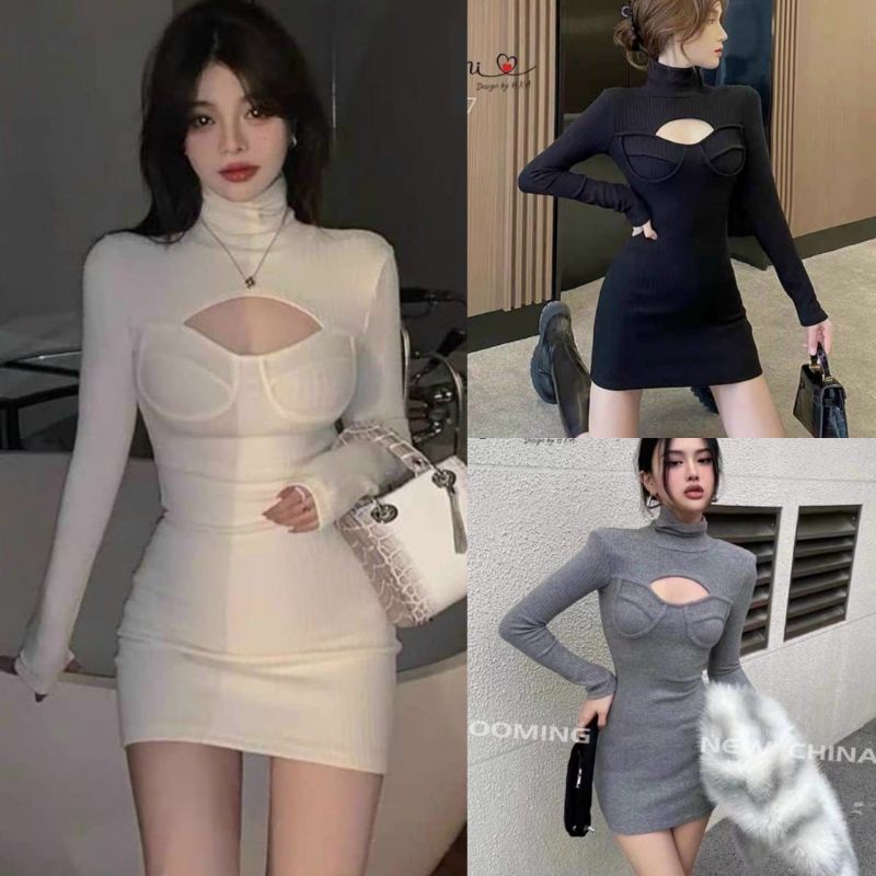 Đầm Body Cổ Lọ Hở Ngực Viền Cúp Tay Dài Thun Gân Vừa sexy, vừa cá tính