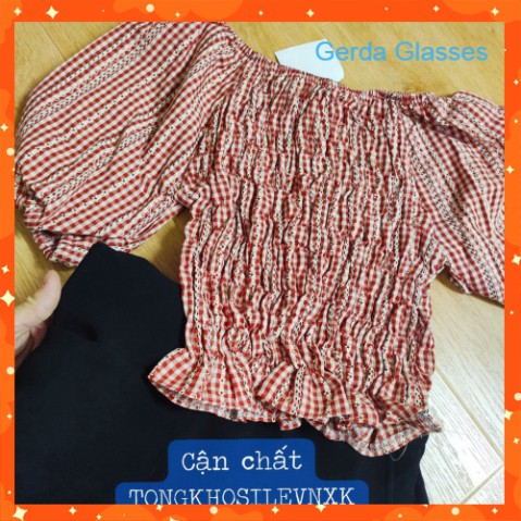 SET ÁO KẺ ĐỎ THỔ CẨM CHUN NGỰC TAY BỒNG MIX QUẦN CULLOTES ĐEN BAY SUÔNG LỠ