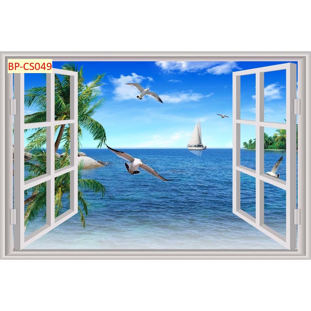 Tranh 3d cửa sổ nhìn ra phong cảnh sang trọng hiện đại