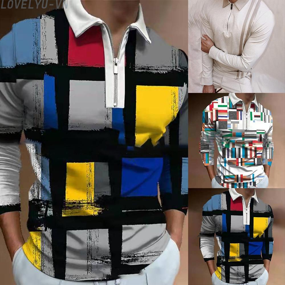 Áo Thun Đánh Golf Tay Dài Cổ Kéo Khoá Zip In Hình 3D Thời Trang Cho Nam