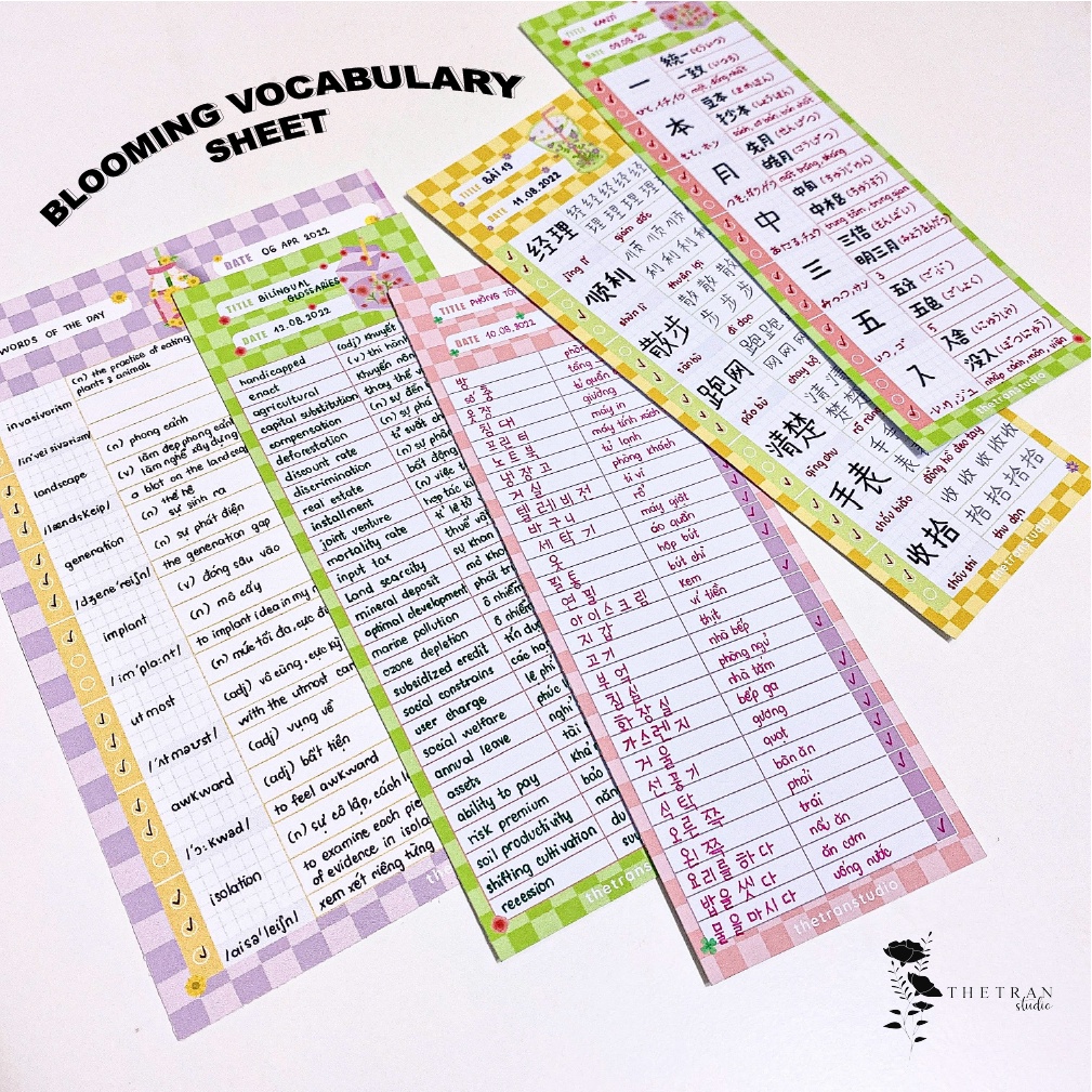 Bộ 8 tờ giấy ghi chú học từ vựng B5, A5, Half A5 kẻ caro kẻ ngang | blooming vocabulary sheet | thetranstudio