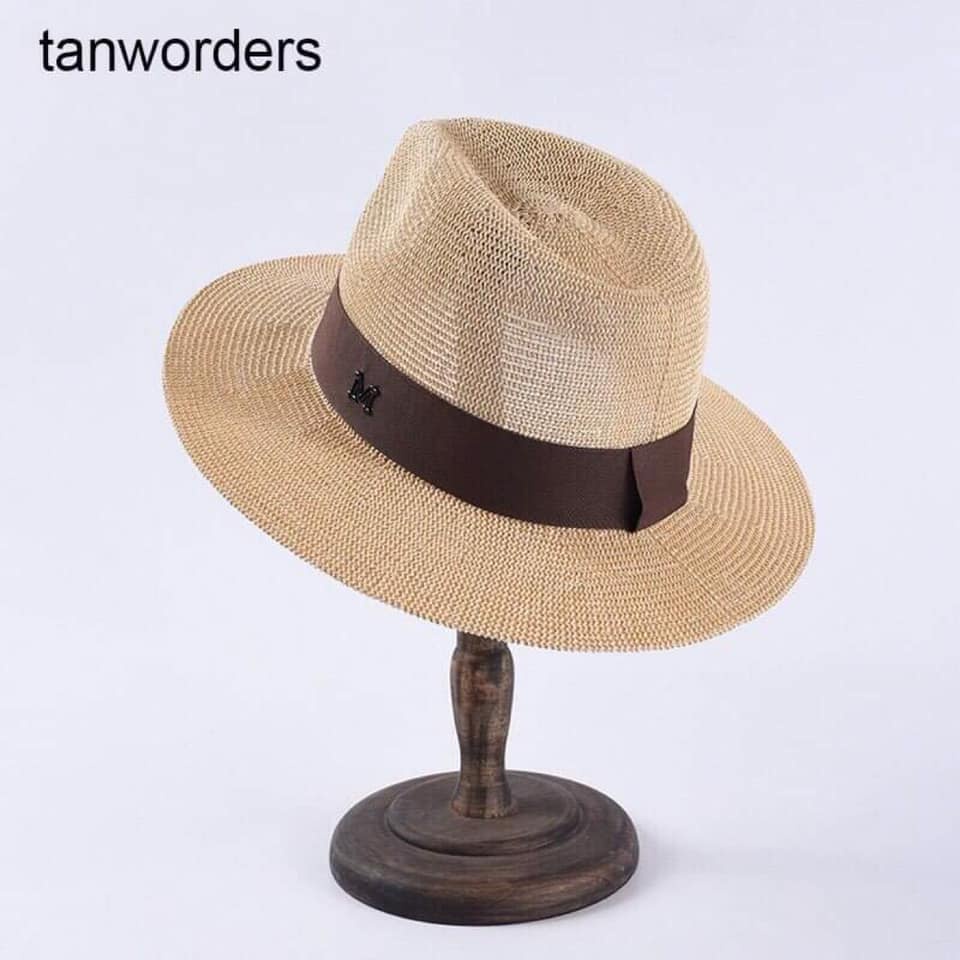 Mũ cói Fedora Poly vành rộng - Viền đính chữ M - phong cách Unisex