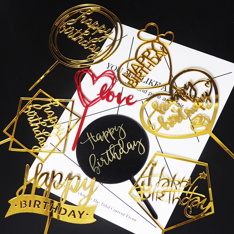 Topper mica  Combo 10 thẻ meka happy birthday tráng gương - phụ kiện trang trí bánh kem