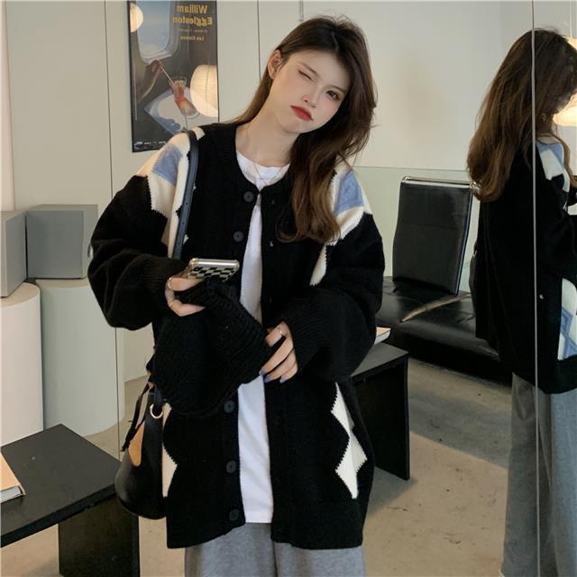 Áokhoác cardigan dệt kim tay dài dáng rộng đính đá phong cách phương Tây