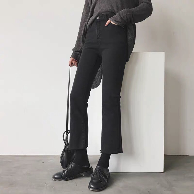 Quần bò ống loe lưng cao⚡𝑯𝒂̀𝒏𝒈 𝒄𝒂𝒐 𝒄𝒂̂́𝒑⚡ Quần jeans ống loe màu đen trơn co giãn  phong cách  Hàn Quốc | BigBuy360 - bigbuy360.vn