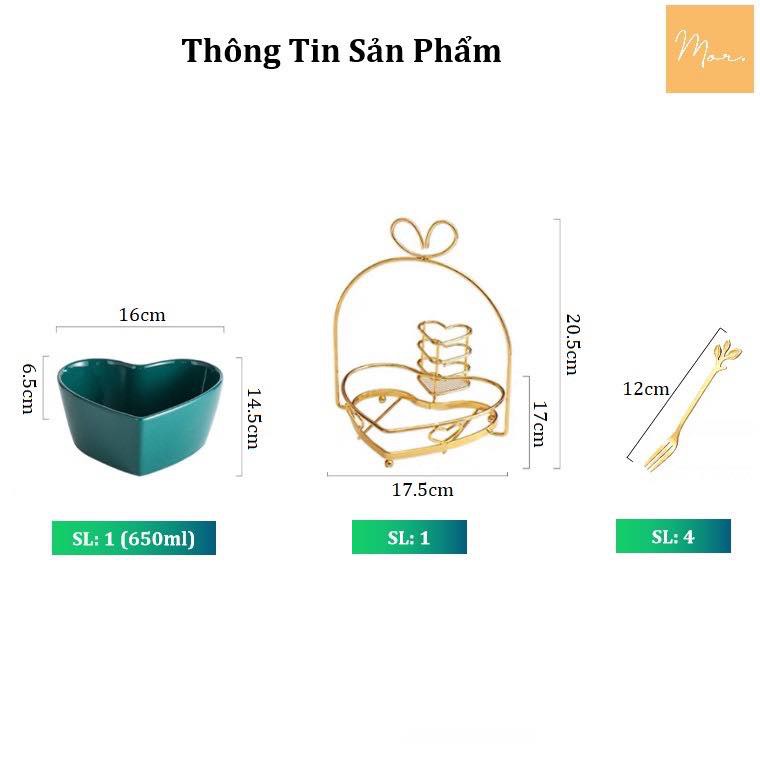 Giỏ sứ đựng trái cây sứ xanh hình tim kèm 4 dĩa