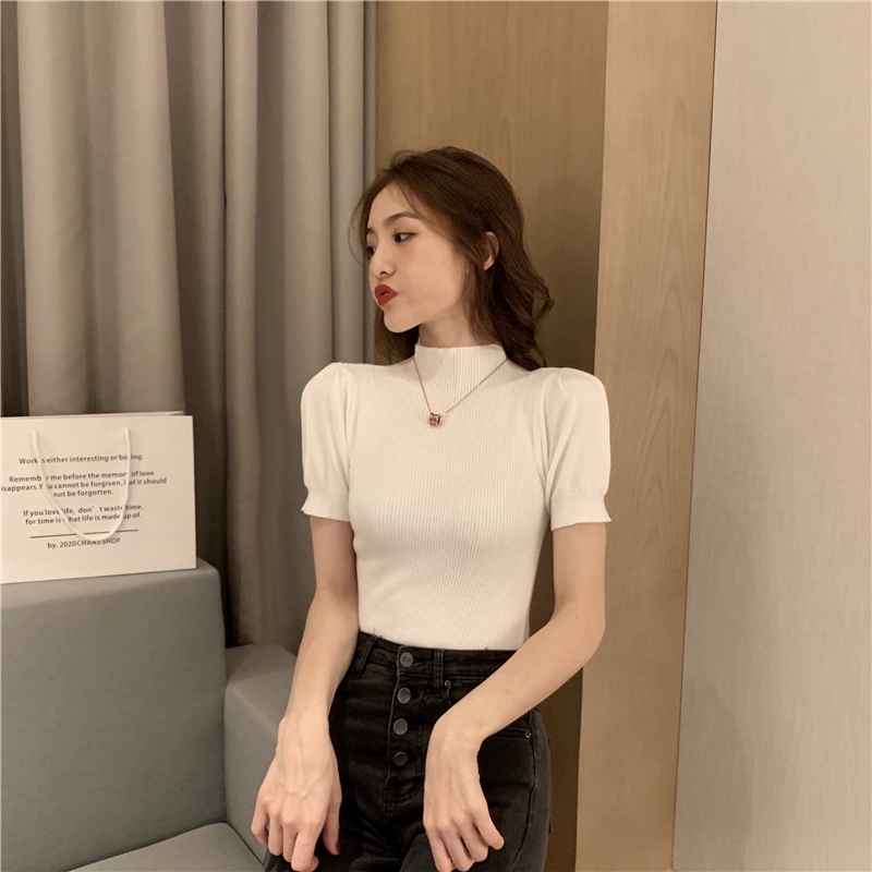 SUXI Áo dệt kim ngắn tay màu trơn phong cách Hàn Quốc