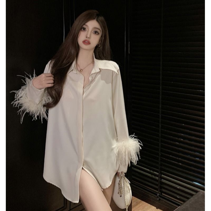 Cổ Phiếu Sẵn Sàng❤Ah F &amp; X Áo Sơ Mi Satin Phối Lông Xù Phong Cách Nữ Thần Cá Tính Thời Trang 2022