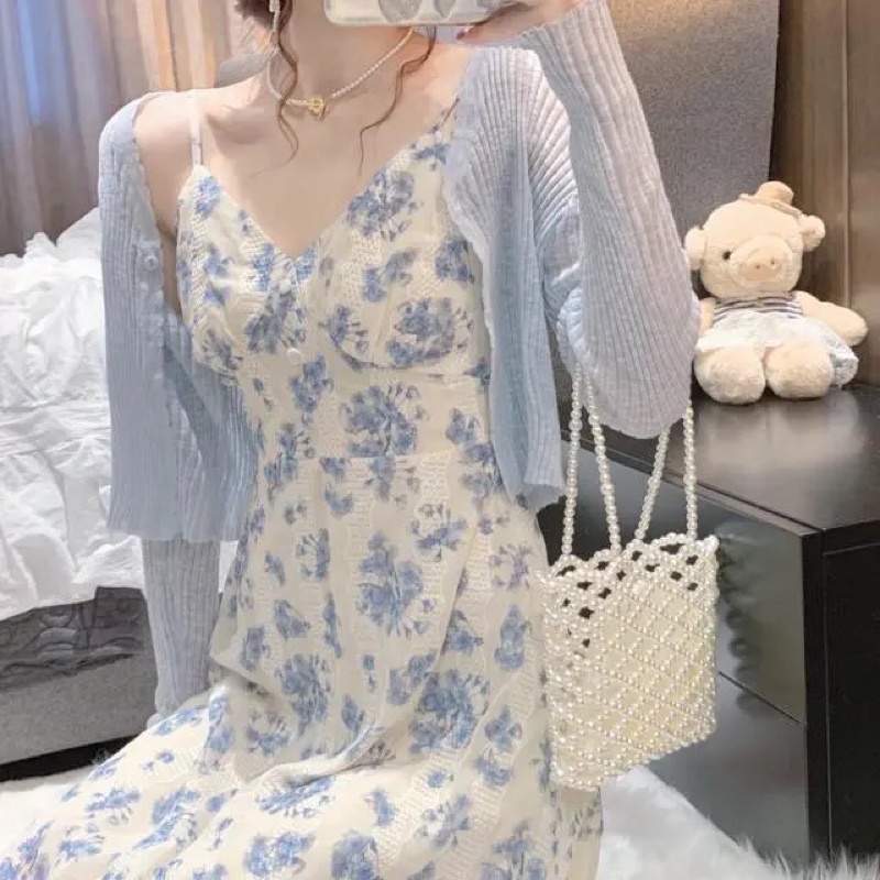 Set Váy Voan Hai Dây Ren Nổi Kết Hợp Áo Khoác Cardigan Cùng Màu HT04 Thời Trang Cho Nữ | BigBuy360 - bigbuy360.vn