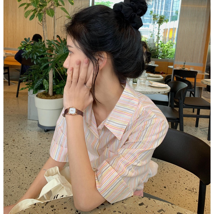 Áo Sơ Mi Ngắn Tay Họa Tiết Kẻ Sọc Phong Cách Hàn Quốc Dành Cho Nữ