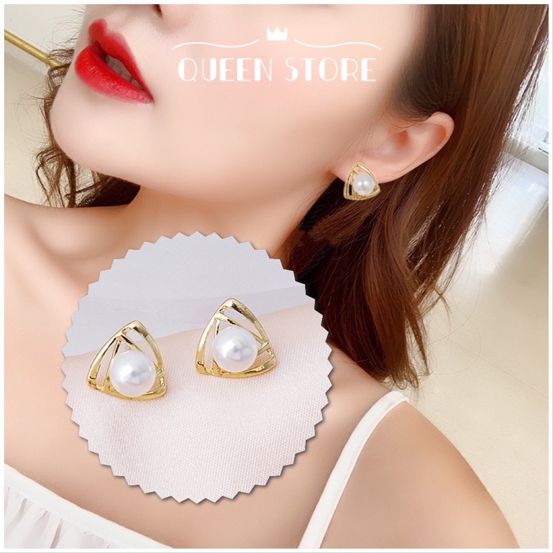 Khuyên tai hình tam giác đính n g ọ c t r a i giả phong cách Hàn - QT KT022