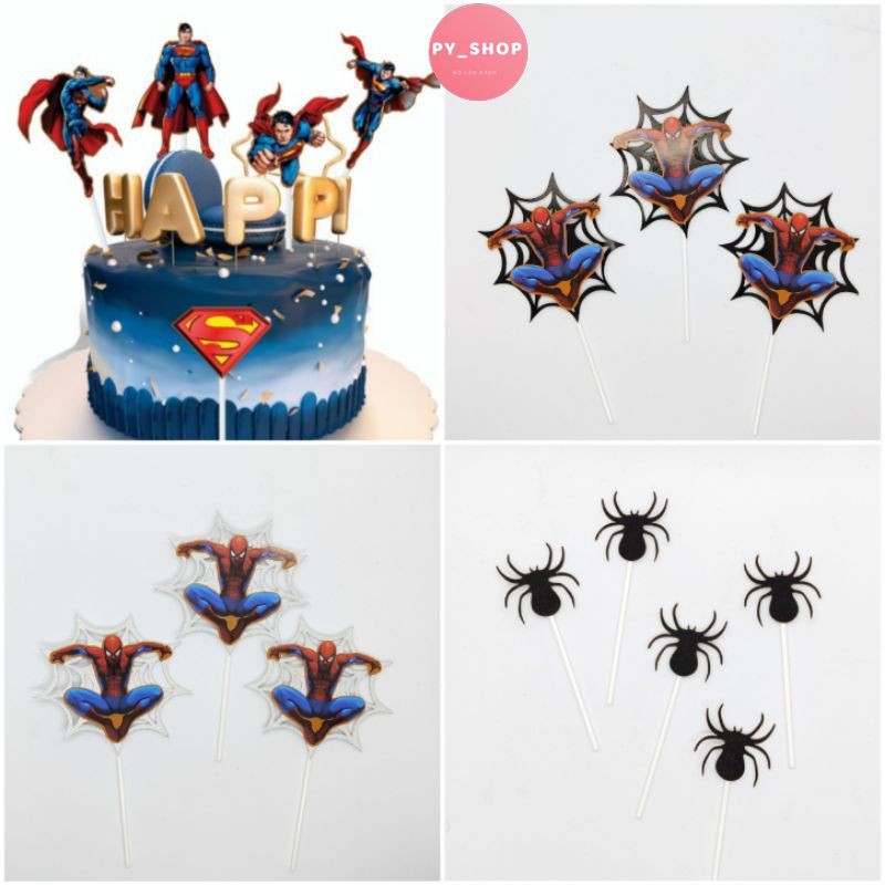Que cắm giấy superman, siêu nhân nhện trang trí bánh kem, set cắm bánh