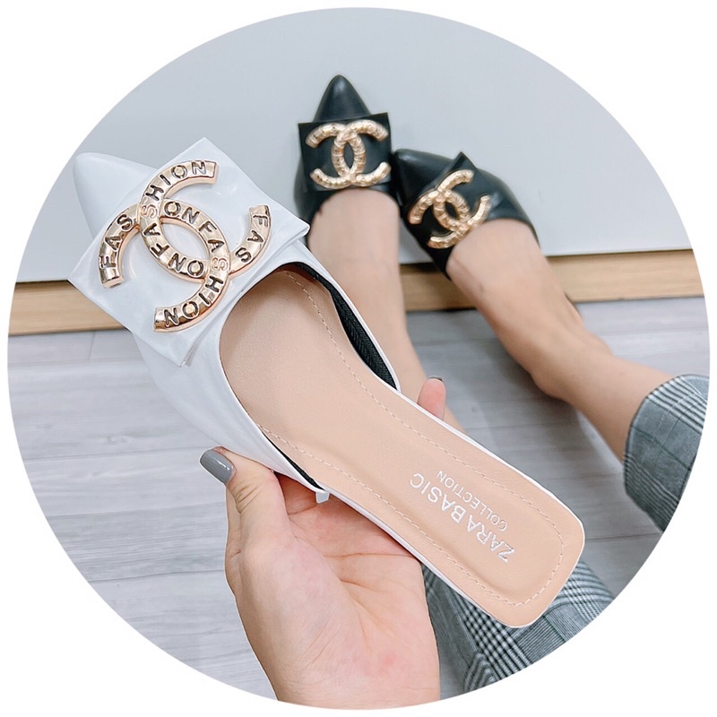 Dép sục nữ mũi nhọn da lì tag vuông Chữ X gót vuông 4cm