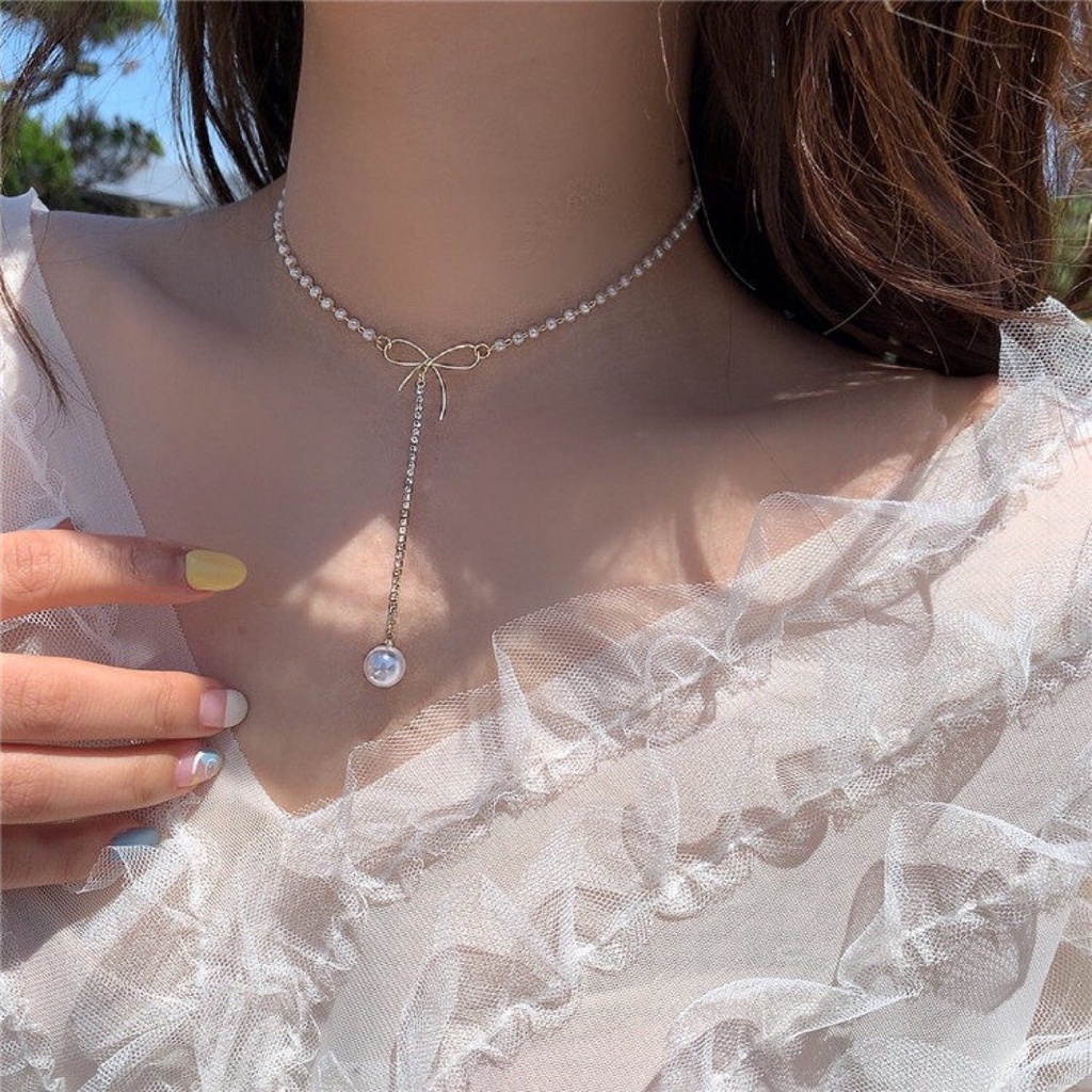 vòng cổ Mặt Nơ Đính Ngọc Trai Phong Cách Hàn Quốc