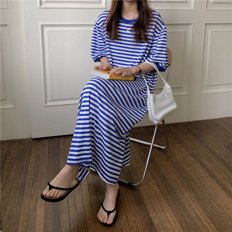 Đầm dài XINLANYASHE dáng chữ A ôm eo cổ tròn tay ngắn kẻ sọc màu tương phản cỡ lớn phong cách Hàn Quốc váy thiết kế tay bồng