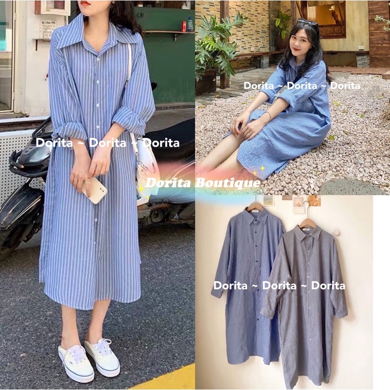 [Ảnh thật/Video] Váy sơ mi kẻ sọc dài tay kèm đai Dorita, Đầm dáng suông Hàn Quốc - Dorita Boutique