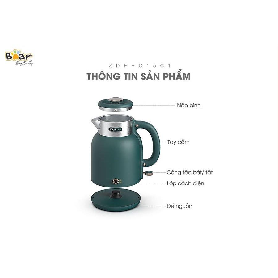 Ấm siêu tốc 1.5L Bear bình đun siêu tốc lõi inox cao cấp công nghệ làm nóng nhanh an toàn Gia dụng Bear Tuli Mart