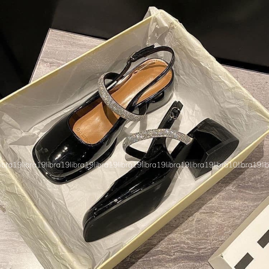 Giày búp bê Marry Jane gót vuông 5cm quai ngang đính đá xoàn tiểu thư công chúa cổ điển Vintage Lolita