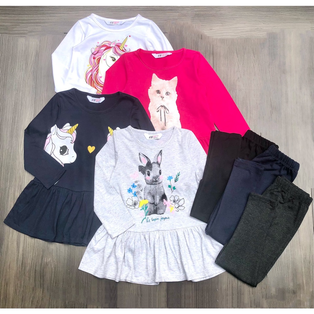 Set áo váy + quần legging thun cotton bé gái 4-14T họa tiết Mèo Thỏ Elsa Pony đáng yêu