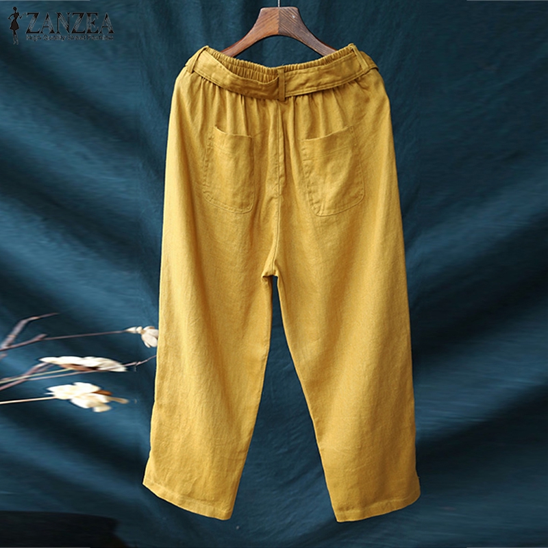ZANZEA Quần cotton lanh ống rộng lưng cao màu trơn cho nữ | BigBuy360 - bigbuy360.vn