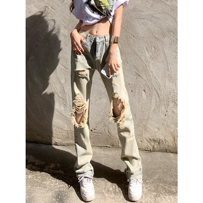 Ethelgirl Quần jeans Nữ Lưng Cao Mài Rách Thời Trang Hàn
