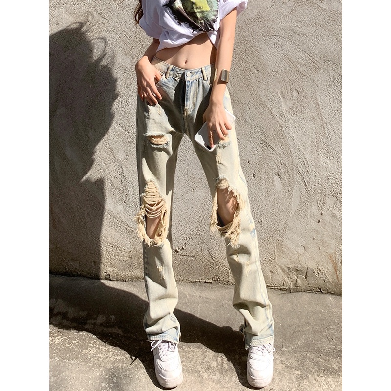 Ethelgirl Quần jeans Nữ Lưng Cao Mài Rách Thời Trang Hàn | BigBuy360 - bigbuy360.vn