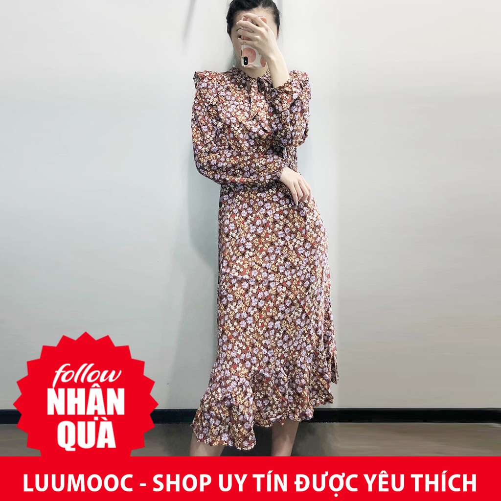 Đầm Zara hoa nâu nơ cổ DV6BBG54G9