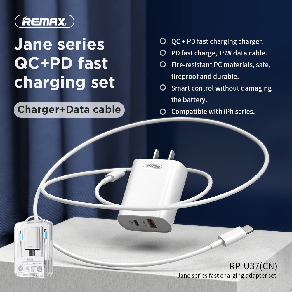 Remax 18W Quick Charging set QC 3.0 + PD3.0 dual-port quick charging adaptor Charger plug + data cable