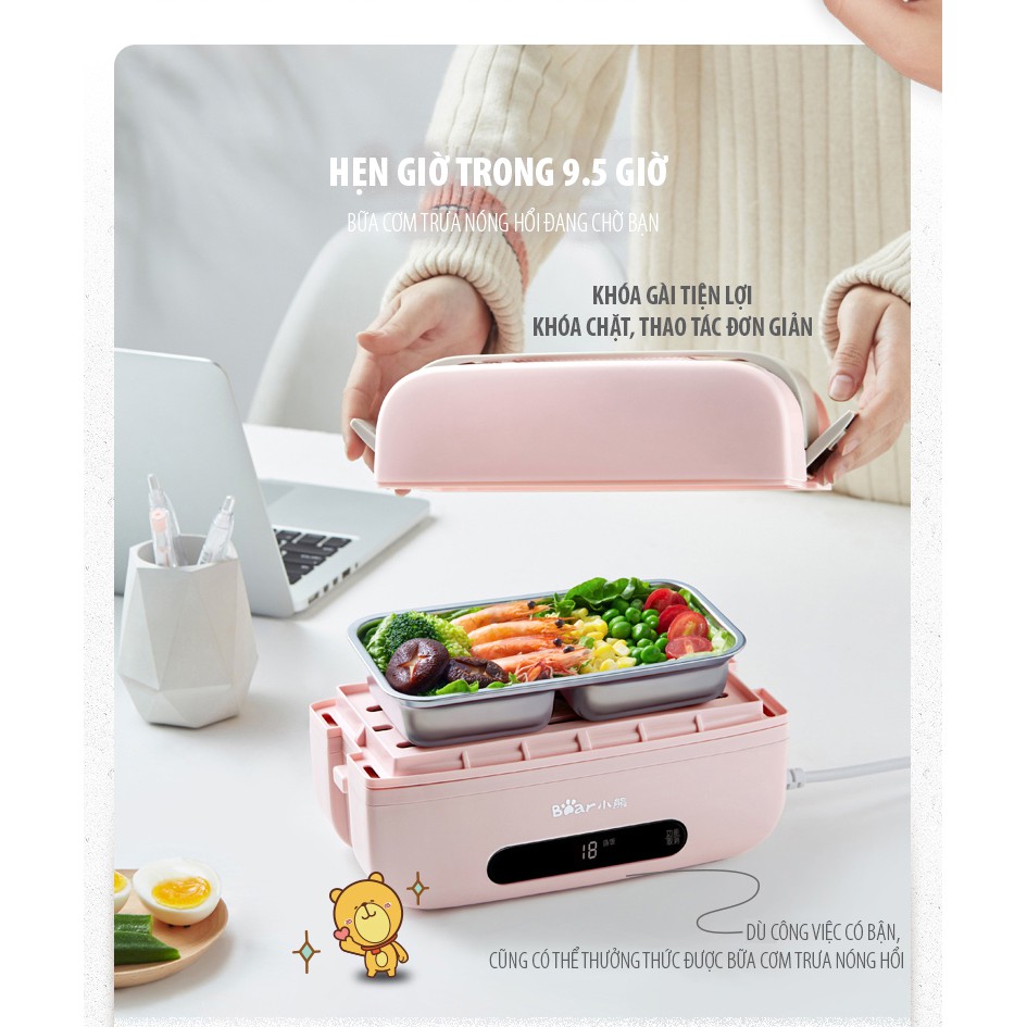 Hộp Cơm Điện Thông Minh Bear Có Hẹn Giờ (Màu Hồng Và Trắng) Khay Inox Có Nặp Đậy Và Hút Chân Không Để Bảo Quản Thức Ăn | BigBuy360 - bigbuy360.vn