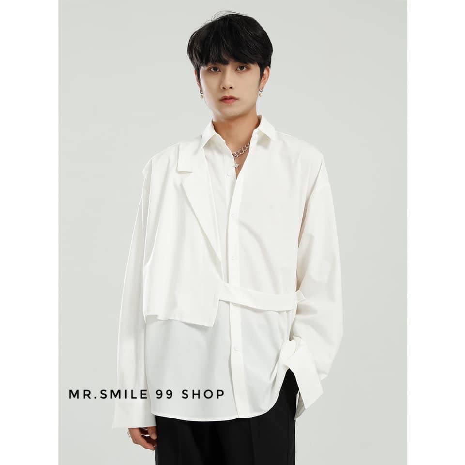 ÁO SƠ MI BASIC TRẮNG ĐEN TAY DÀI PHỐI CỔ VEST THỜI TRANG MR SMILE 99 SHOP