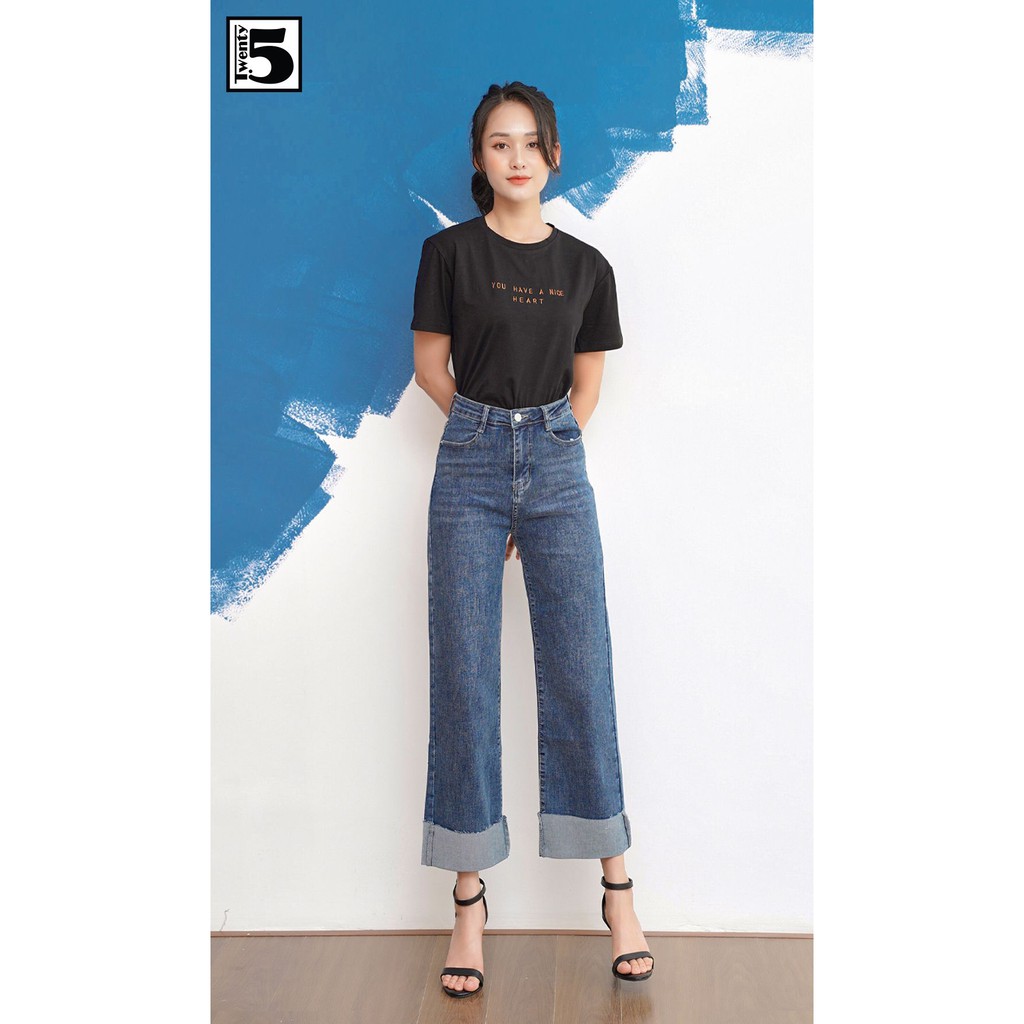 Quần jeans nữ dáng suông lưng cao gập gấu lật cá tính Twentyfive 3388M