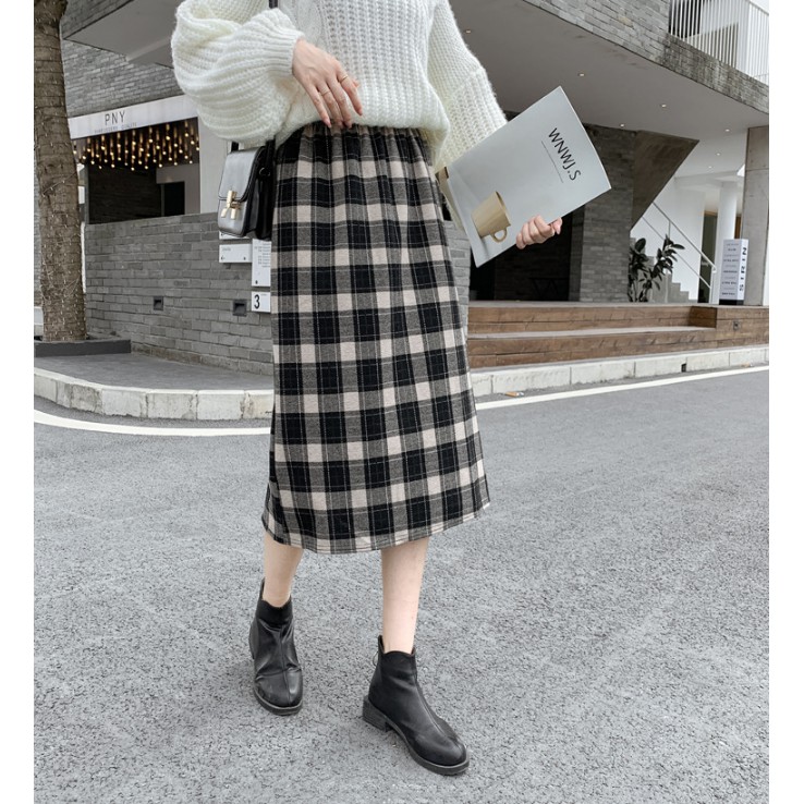 Chân váy dài, chân váy dạ kẻ caro 2 màu đen nâu Quảng Châu CV12 | BigBuy360 - bigbuy360.vn