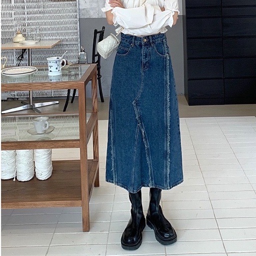 Chân váy jean kaki dáng dài xẻ sau, chân váy midi cạp cao_a16