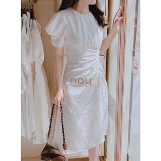Đầm cổ tròn rút dây tay phồng sang trọng