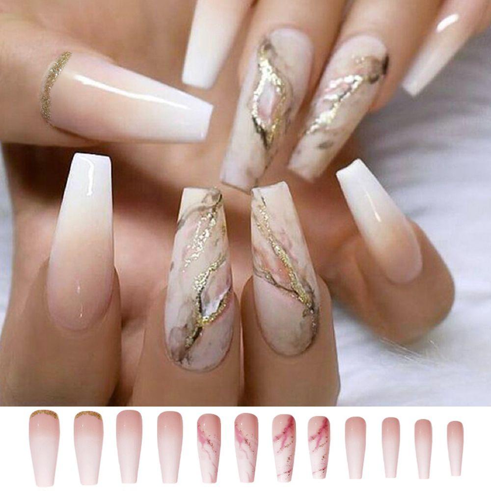 Bộ 24 Móng Tay Giả Che Phủ Toàn Diện Họa Tiết Cẩm Thạch Gradient Có Thể Tháo Rời