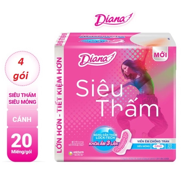 Bịch 4 Gói 20 Miếng Băng vệ sinh Diana siêu thấm siêu mỏng cánh